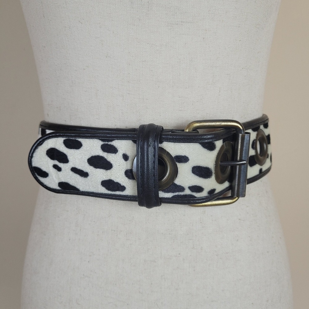 VTG Limited Express Belt Small White Black Dalmation Print Haircalf Grommet Y2K